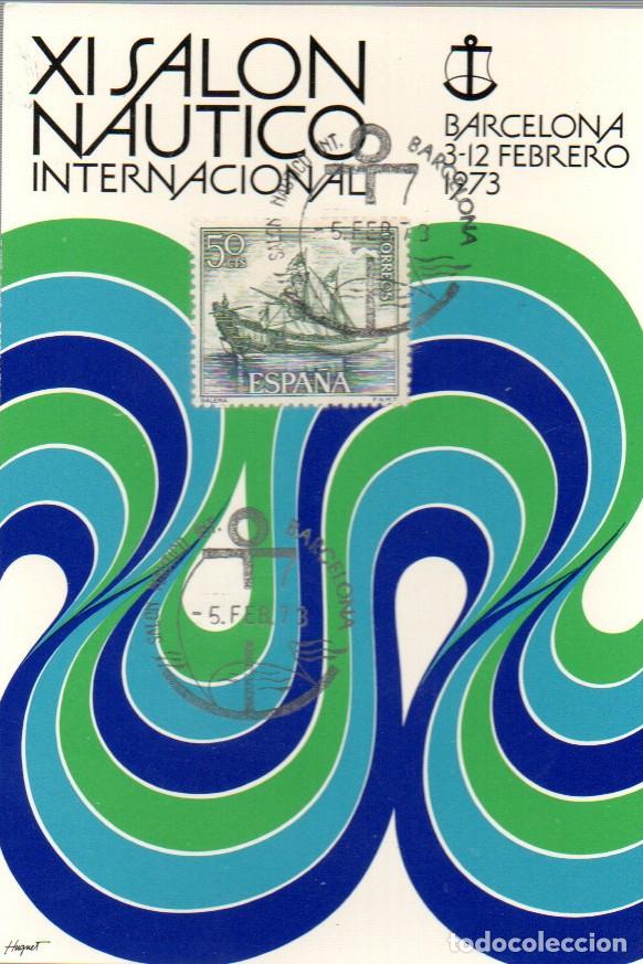 Sellos: A&Ntilde;O 1973, BARCELONA, SALON NAUTICO, EN TARJETA PROMOCIONAL DEL SALON, CON SELLO DE BARCO