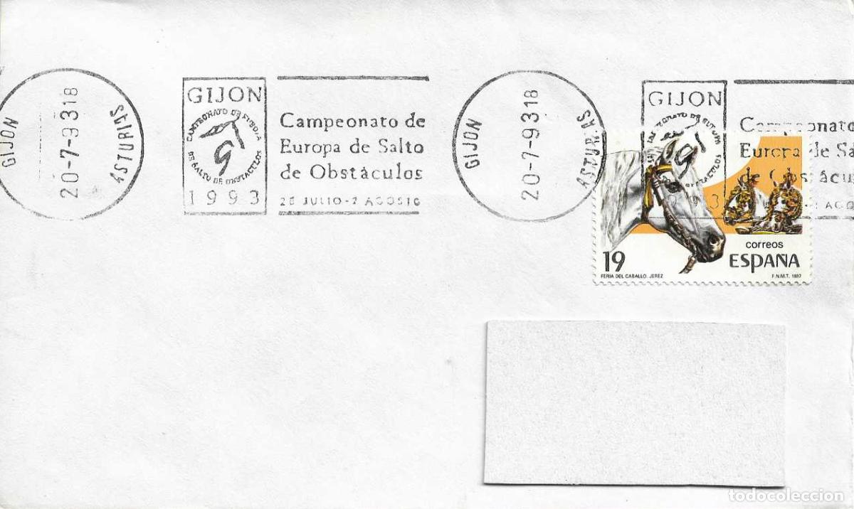 Sellos: CABALLOS HIPICA DEPORTES CAMPEONATO SALTO OBSTACULOS, GIJON (ASTURIAS) 1993. MATASELLOS RODILLO VER