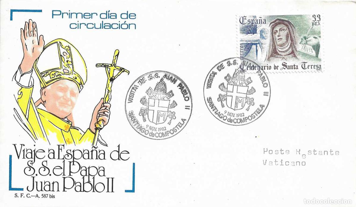 Sellos: SS EL PAPA JUAN PABLO II VISITA SANTIAGO DE COMPOSTELA 1982 MATASELLOS SOBRE CIRCULADO SFC VER DORSO