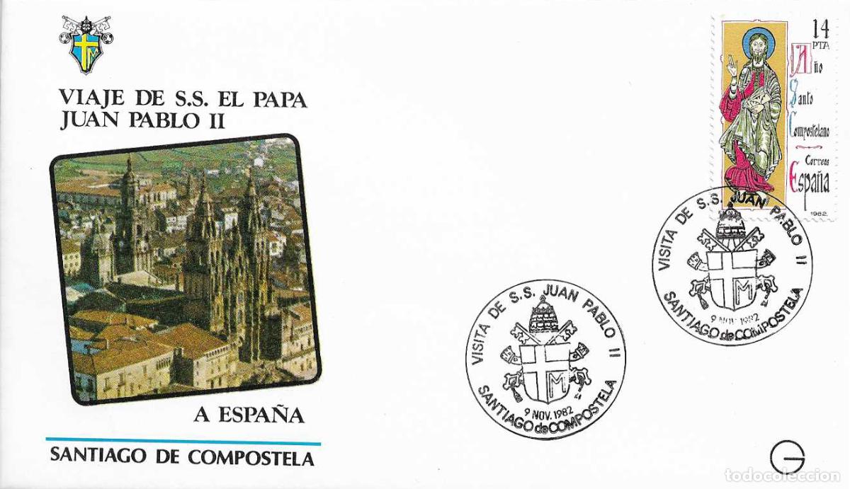 Sellos: SS EL PAPA JUAN PABLO II VISITA SANTIAGO DE COMPOSTELA 1982 MATASELLOS EN RARO SOBRE ILUSTRADO MOD 1