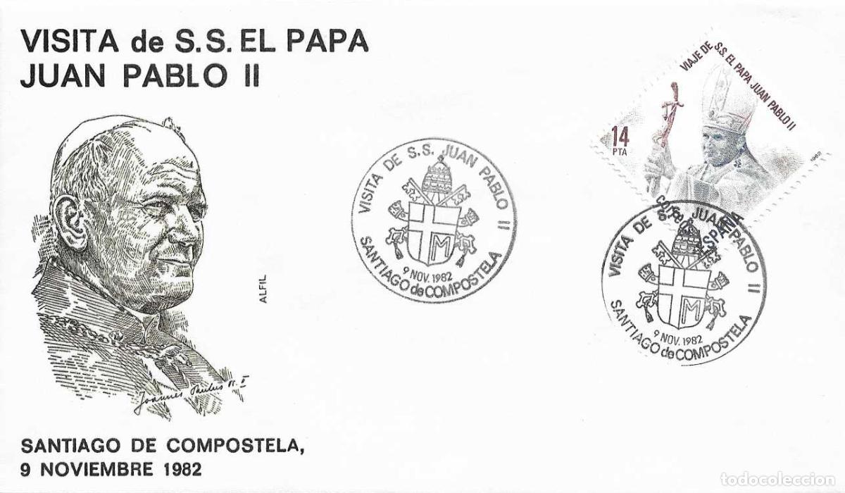 Sellos: SS EL PAPA JUAN PABLO II VISITA SANTIAGO DE COMPOSTELA 1982. MATASELLOS EN SOBRE DE ALFIL RARO ASI