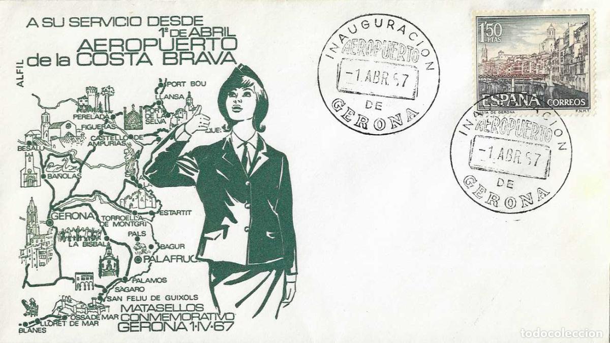 Sellos: INAUGURACION AEROPUERTO COSTA BRAVA, GERONA 1 ABRIL 1967 MATASELLOS EN SOBRE SIN CIRCULAR ALFIL RARO