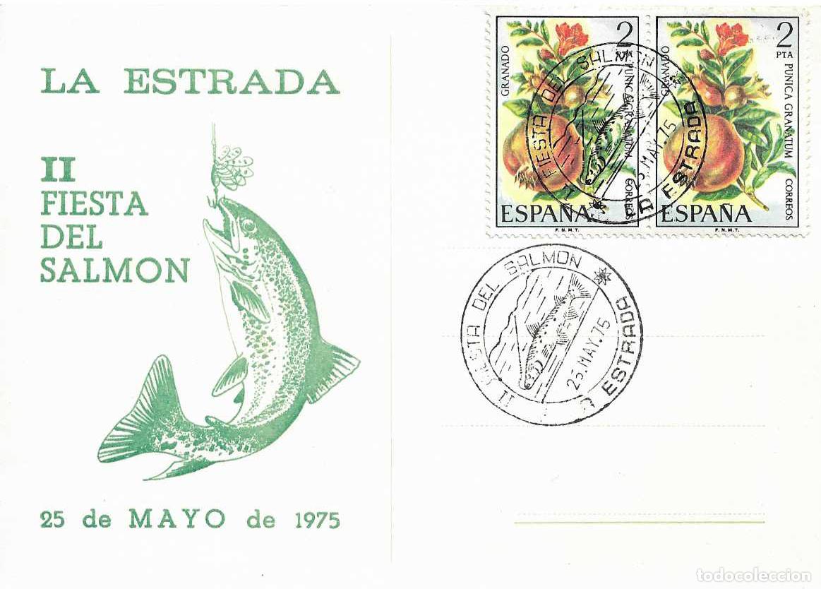 Sellos: PESCA PECES II FIESTA DEL SALMON, LA ESTRADA (PONTEVEDRA) 1975. MATASELLOS EN TARJETA RARO ASI