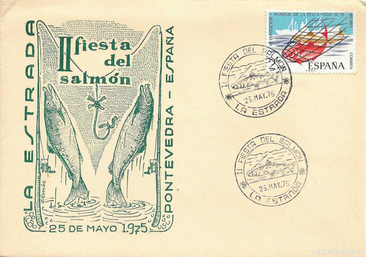Sellos: PESCA PECES II FIESTA DEL SALMON, LA ESTRADA (PONTEVEDRA) 1975. MATASELLOS EN RARO SOBRE ILUSTRADO