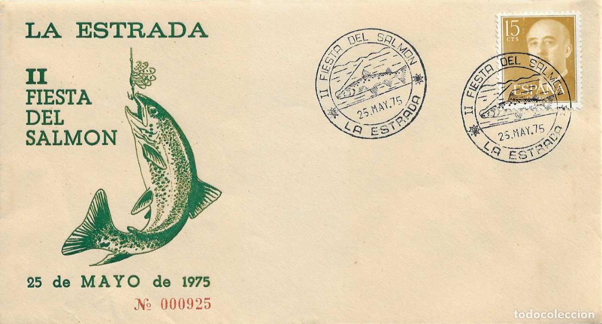 Sellos: PESCA PECES II FIESTA DEL SALMON, LA ESTRADA (PONTEVEDRA) 1975. MATASELLOS EN RARO SOBRE NUMERADO