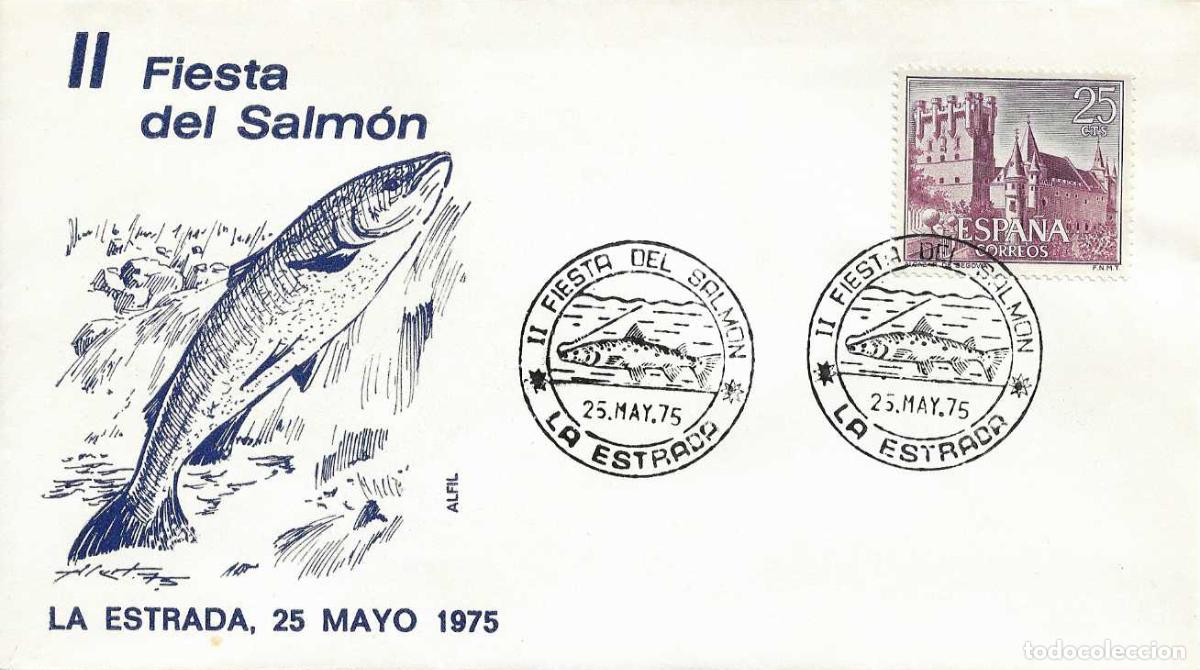 Sellos: PESCA PECES II FIESTA DEL SALMON, LA ESTRADA (PONTEVEDRA) 1975. MATASELLOS EN SOBRE ALFIL RARO ASI