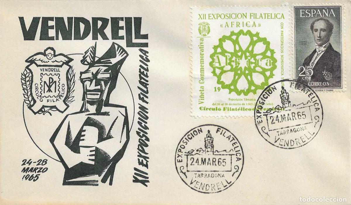 Sellos: RARO VI&Ntilde;ETA VERDE XII EXPOSICION FILATELICA AFRICA VENDRELL (TARRAGONA) 1965. MATASELLOS EN SOBRE EO