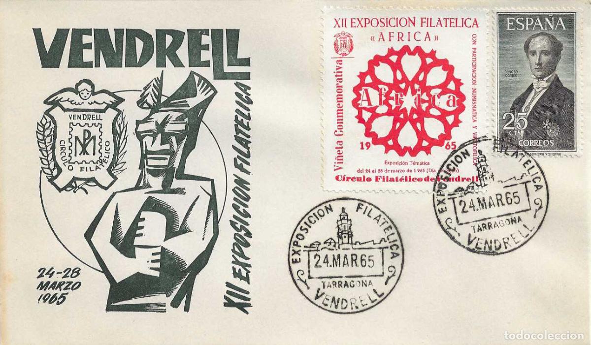 Sellos: RARO VI&Ntilde;ETA ROJA XII EXPOSICION FILATELICA AFRICA, VENDRELL (TARRAGONA) 1965. MATASELLOS EN SOBRE EO