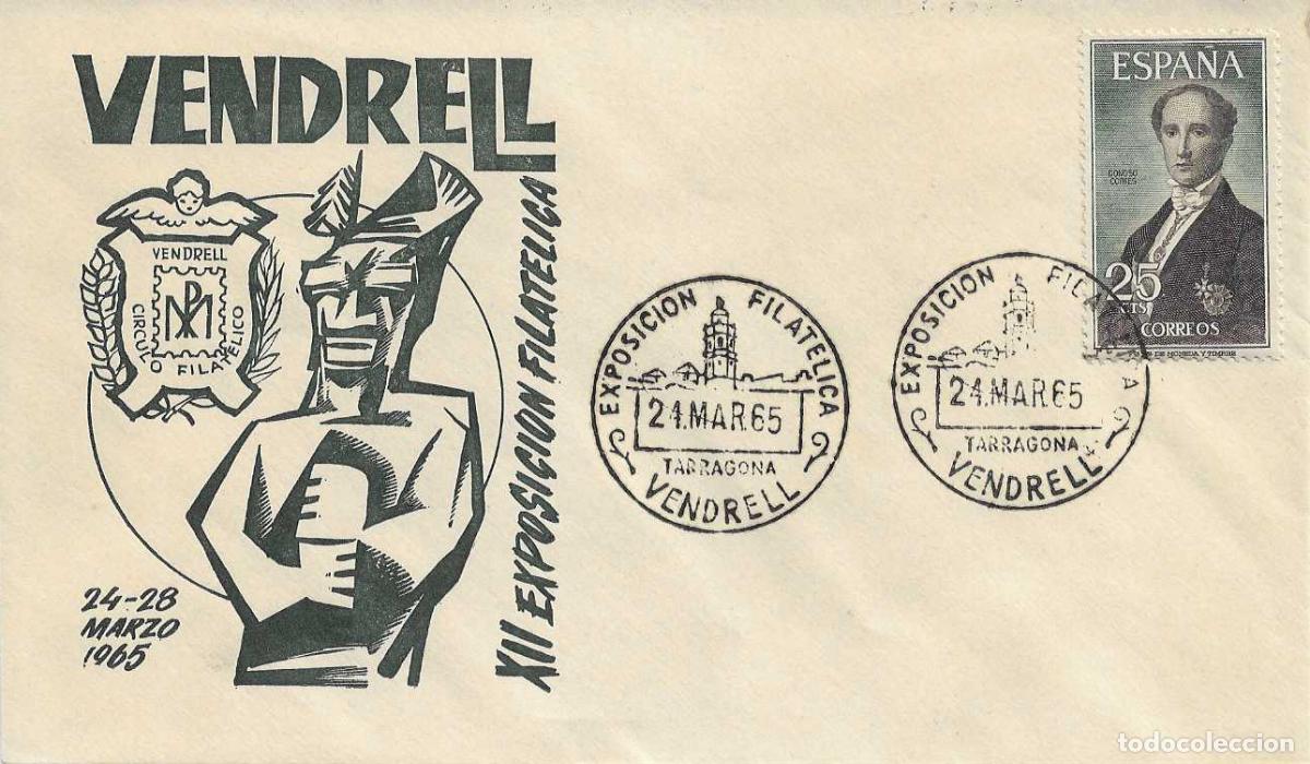 Sellos: XII EXPOSICION FILATELICA, VENDRELL (TARRAGONA) 24 MARZO 1965. MATASELLOS EN SOBRE EO RARO ASI VER