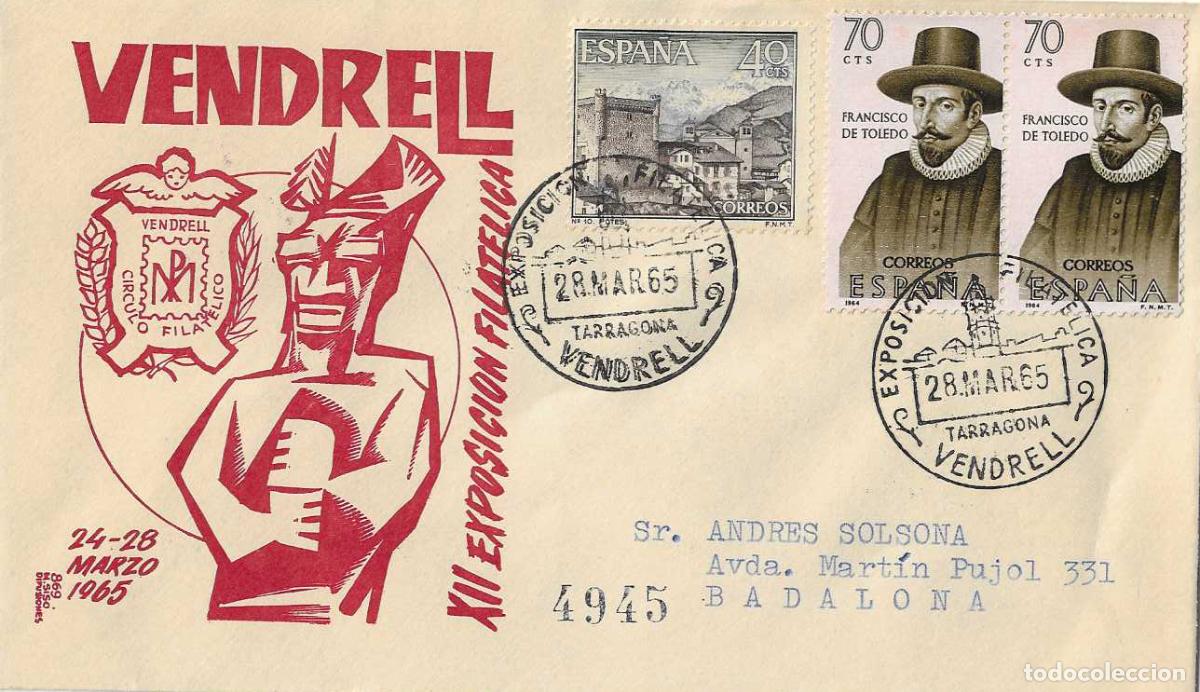 Sellos: XII EXPOSICION FILATELICA, VENDRELL (TARRAGONA) 28 MARZO 1965 MATASELLOS SOBRE CIRCULADO MS RARO RWR