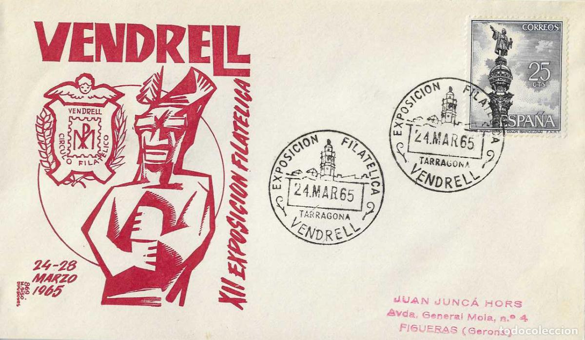 Sellos: XII EXPOSICION FILATEL, VENDRELL (TARRAGONA) 24 MARZO 1965 MATASELLOS SOBRE SIN CIRCULAR MS RARO ASI