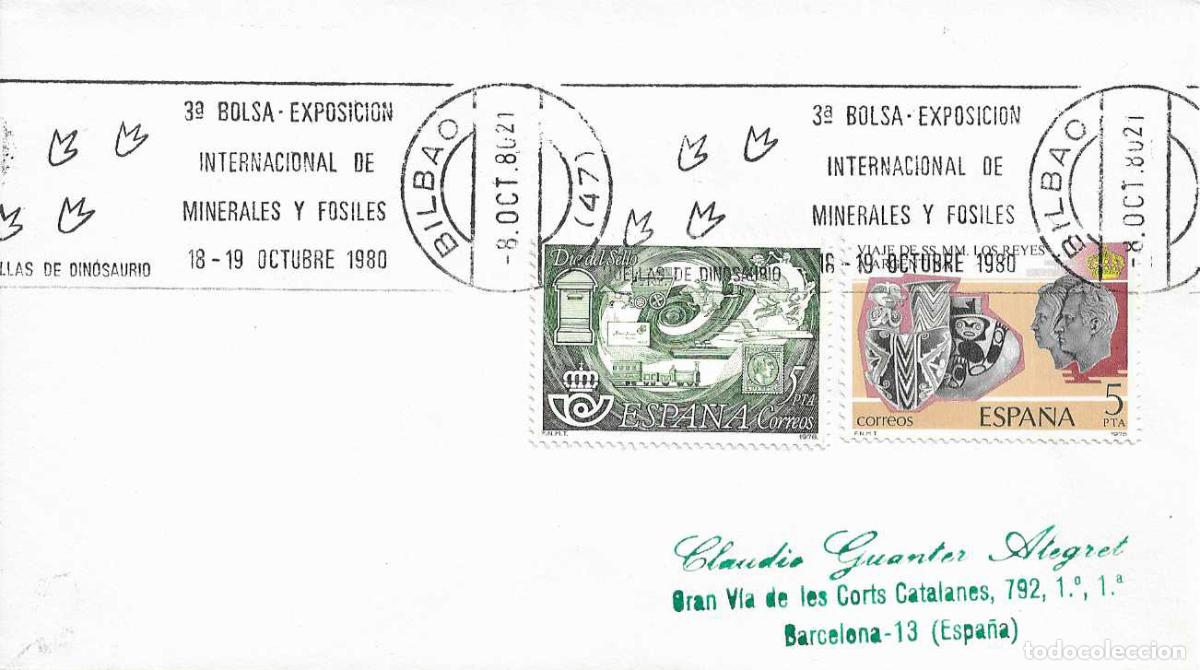 Sellos: DINOSAURIOS MINERALES Y FOSILES 3&ordf; BOLSA, BILBAO (VIZCAYA) 1980. RARO MATASELLOS DE RODILLO EN SOBRE