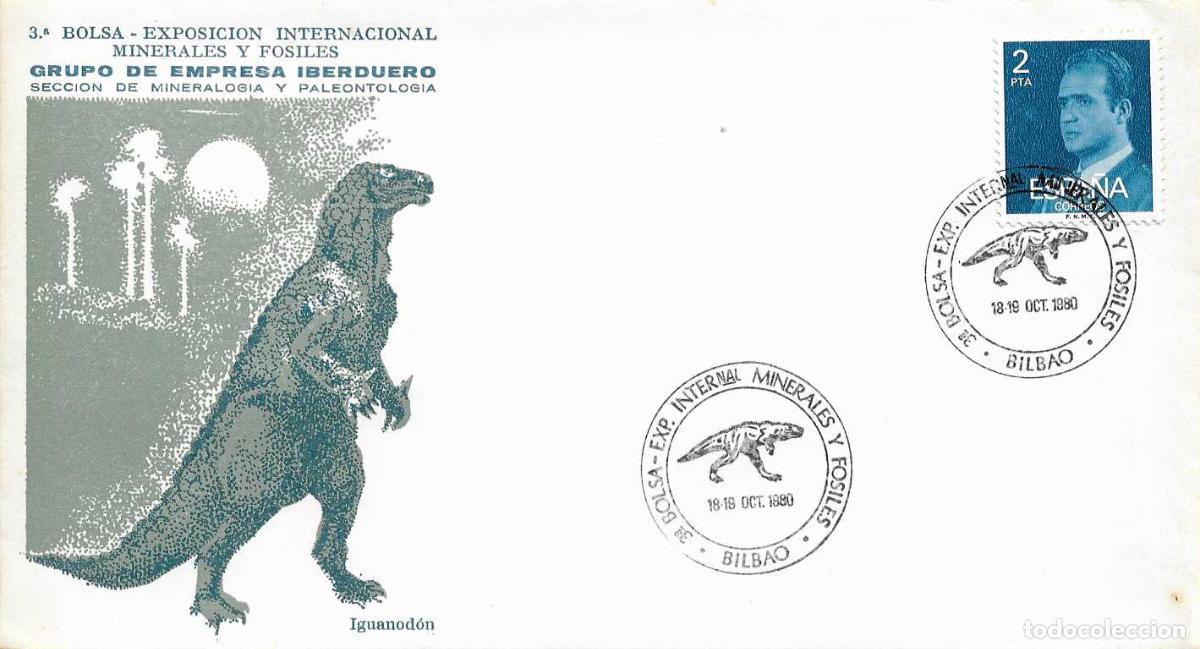 Sellos: DINOSAURIOS MINERALES Y FOSILES 3&ordf; BOLSA, BILBAO (VIZCAYA) 1980. MATASELLOS EN RARO SOBRE ILUSTRADO