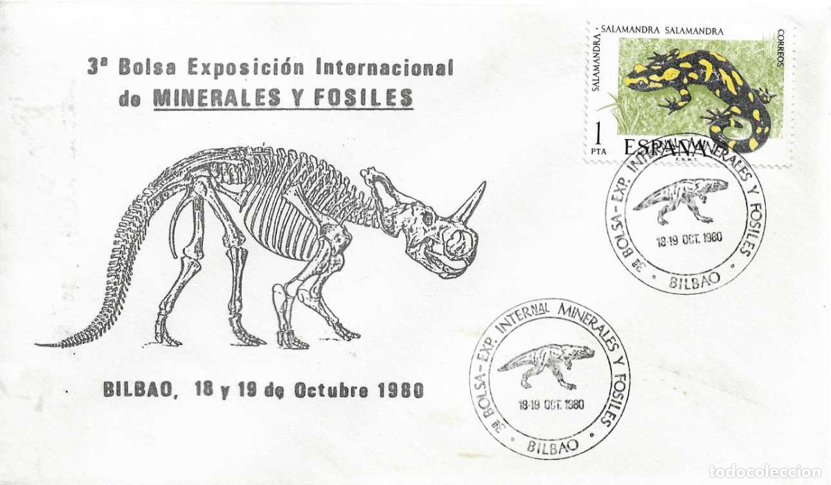 Sellos: DINOSAURIOS MINERALES Y FOSILES 3&ordf; BOLSA, BILBAO (VIZCAYA) 1980. MATASELLOS EN RARO SOBRE ILUSTRADO