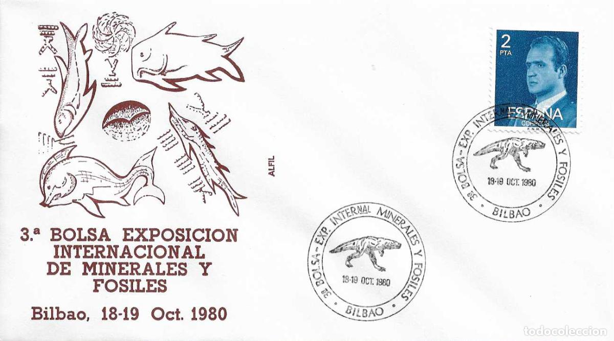Sellos: DINOSAURIOS MINERALES Y FOSILES 3&ordf; BOLSA, BILBAO (VIZCAYA) 1980. RARO MATASELLOS EN SOBRE DE ALFIL