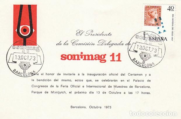 Sellos: A&Ntilde;O 1973, BARCELONA, SONIMAG EN INVITACION A LA INAUGURACION, RARO