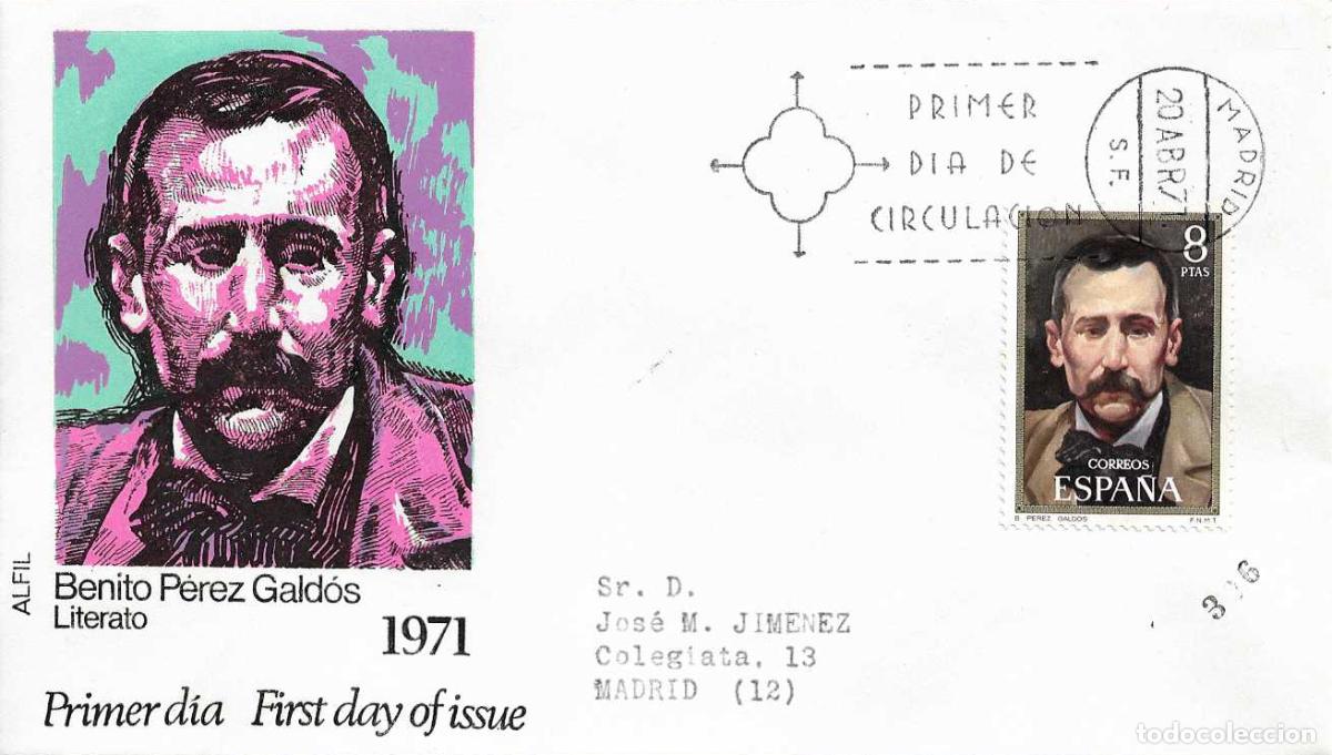 Sellos: BENITO PEREZ GALDOS CENTENARIO DE CELEBRIDADES 1971 (EDIFIL 2029) EN SPD CIRCULADO ALFIL MADRID RARO