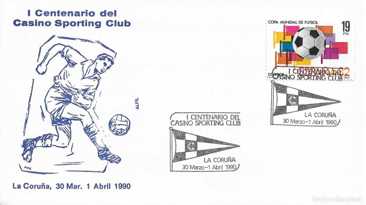 Sellos: DEPORTES FUTBOL CASINO SPORTING CLUB I CENTENARIO, LA CORU&Ntilde;A 1990. RARO MATASELLOS EN SOBRE DE ALFIL