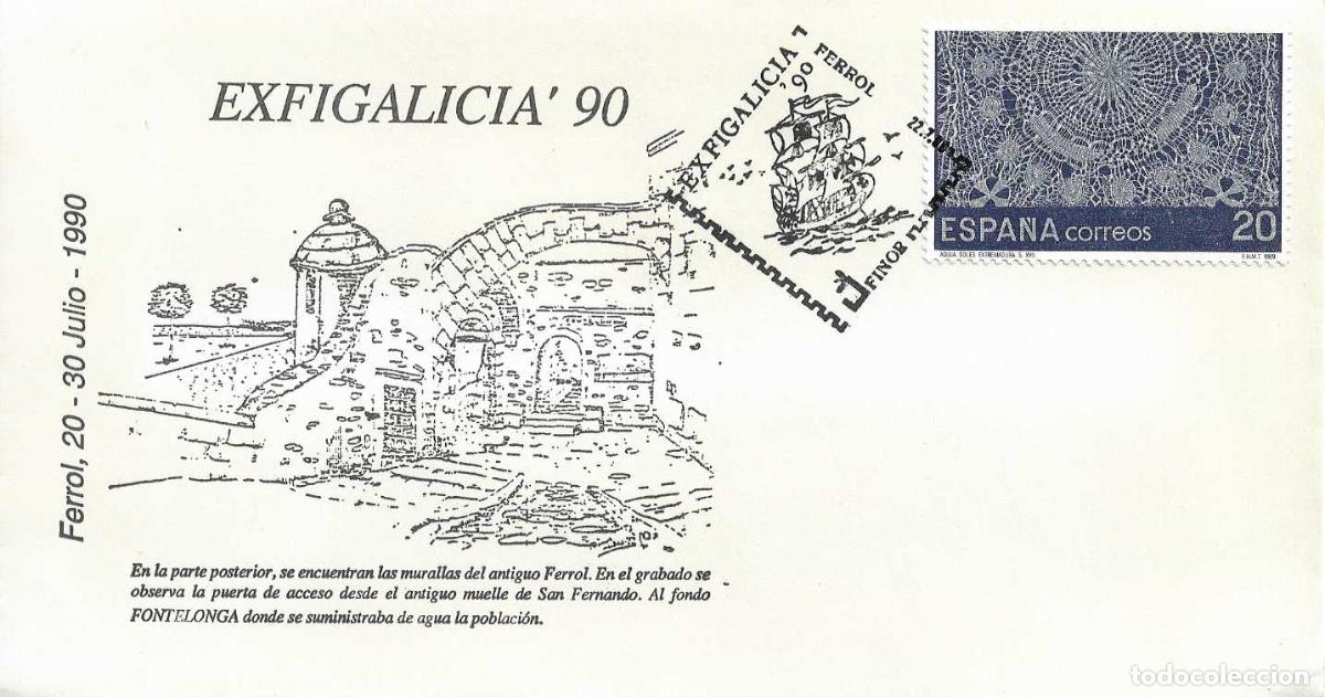 Sellos: MURALLAS ANTIGUO FERROL FINOR EXFIGALICIA 90, FERROL (CORU&Ntilde;A) 22 JULIO 1990. MATASELLOS BARCOS SOBRE