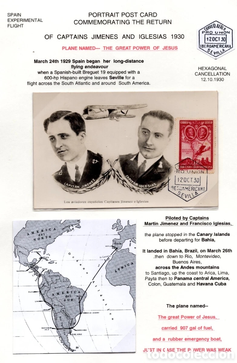 Sellos: POSTAL CONMEMORATIVA DE AVIACION, CAPITAN JIMENEZ CAPITAN IGLESIAS Sevilla 1930 sellos filatelia