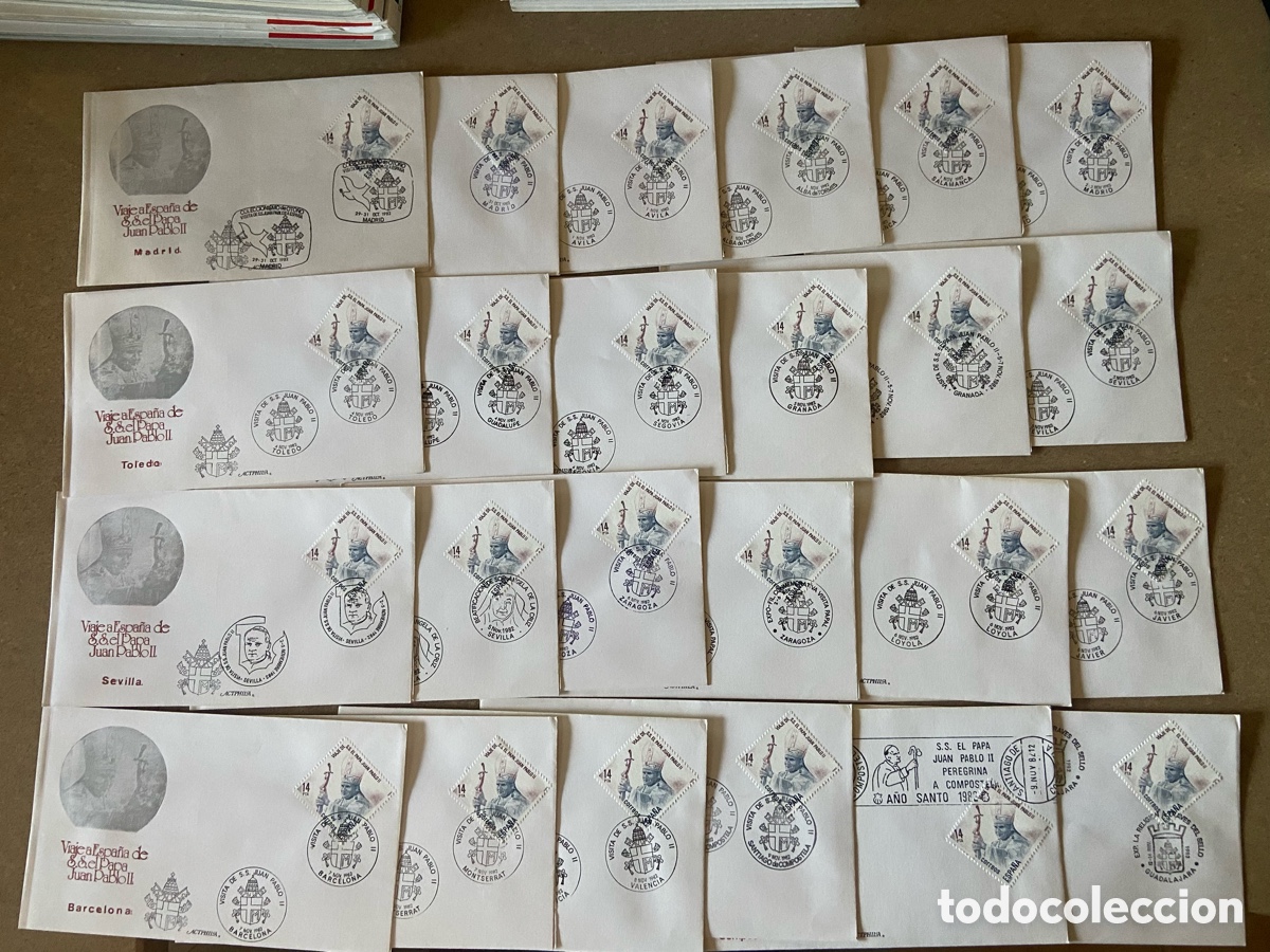 Sellos: JUEGO DE 26 SOBRES MATASELLOS ESPECIALES VISITA PAPA JUAN PABLO II A ESPA&Ntilde;A 1982
