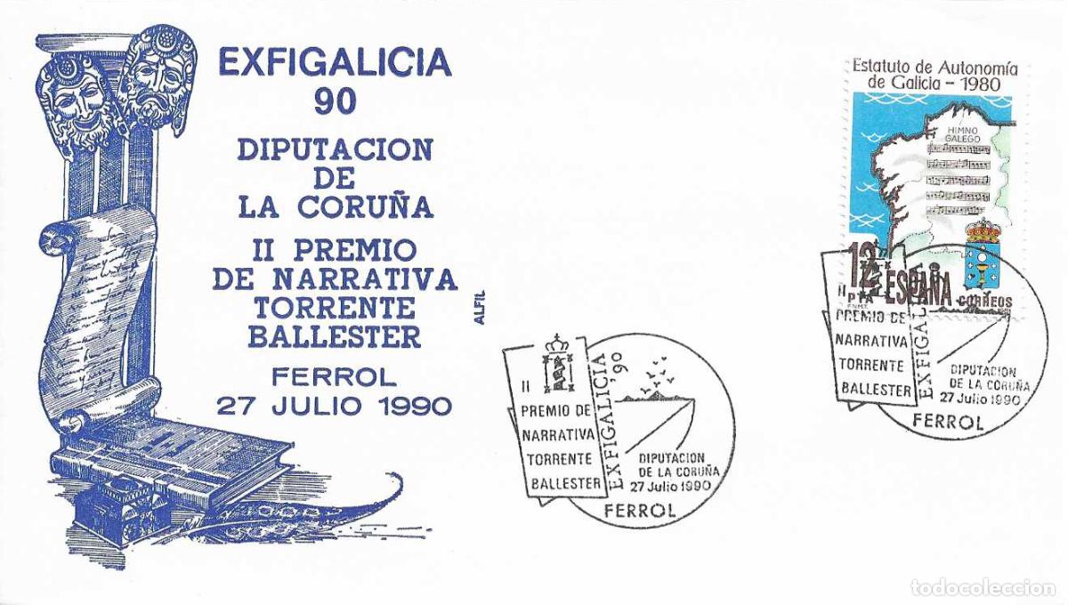 Sellos: TORRENTE BALLESTER PREMIO NARRATIVA EXFIGALICIA-90 FERROL (CORU&Ntilde;A) 27 JULIO 1990. RARO MATASELLOS EN