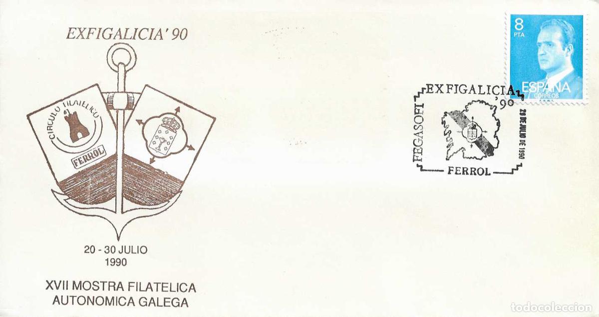 Sellos: FEGASOFI EN EXFIGALICIA-90, FERROL (CORU&Ntilde;A) 30 JULIO 1990. MATASELLOS EN RARO SOBRE ILUSTRADO