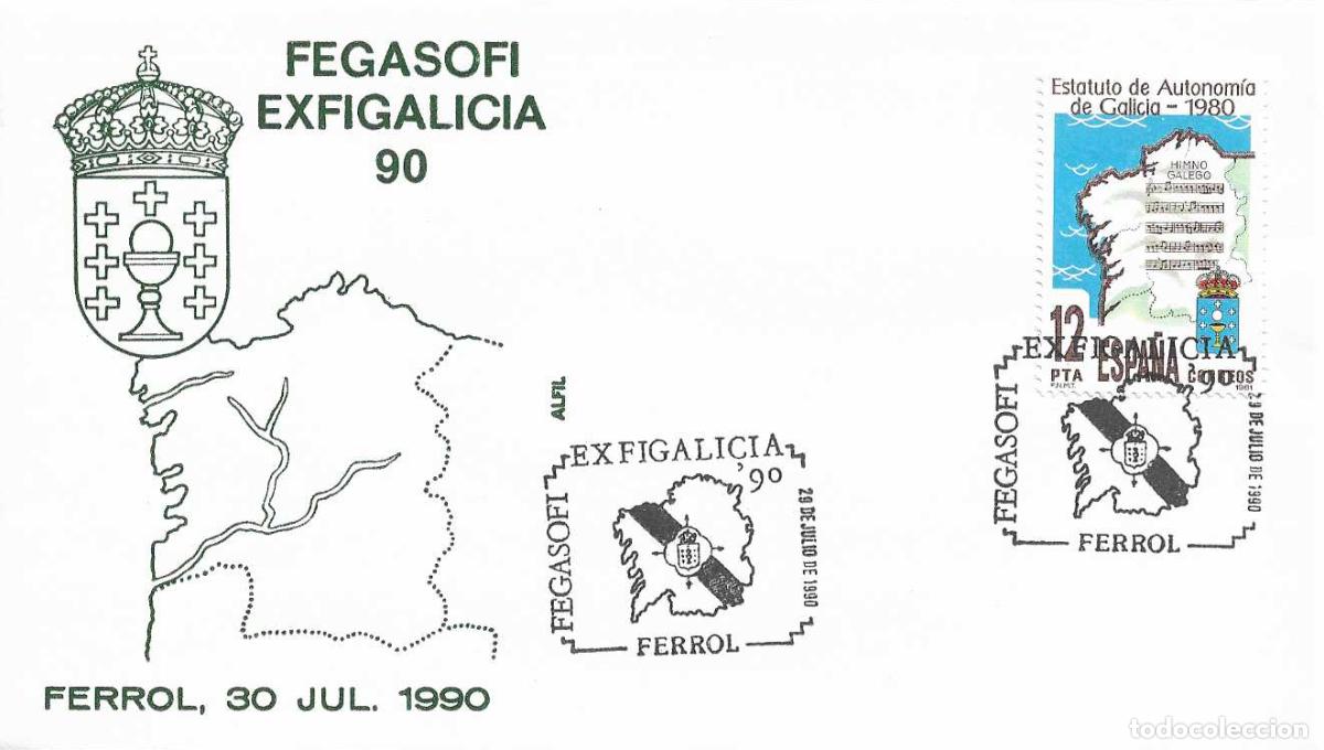 Sellos: FEGASOFI EN EXFIGALICIA-90, FERROL (CORU&Ntilde;A) 30 JULIO 1990. RARO MATASELLOS EN SOBRE DE ALFIL