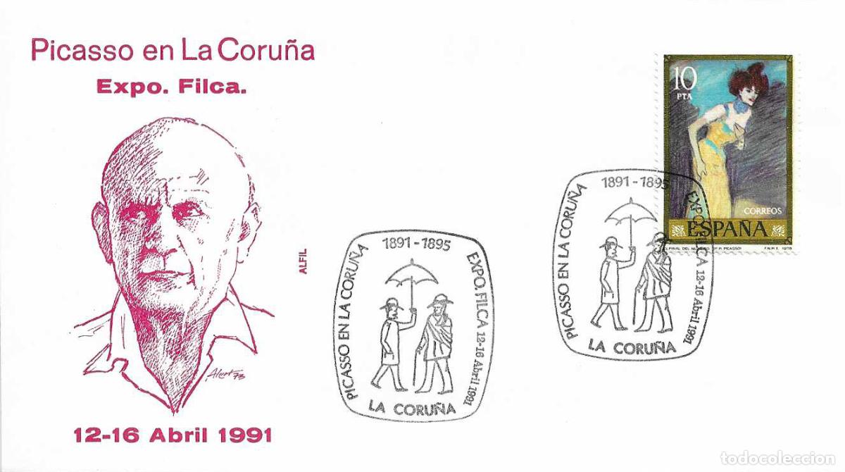 Sellos: PINTURA PICASSO EN LA CORU&Ntilde;A EXPOSICION, LA CORU&Ntilde;A 1991. MATASELLOS SOBRE DE ALFIL BONITO Y RARO ASI