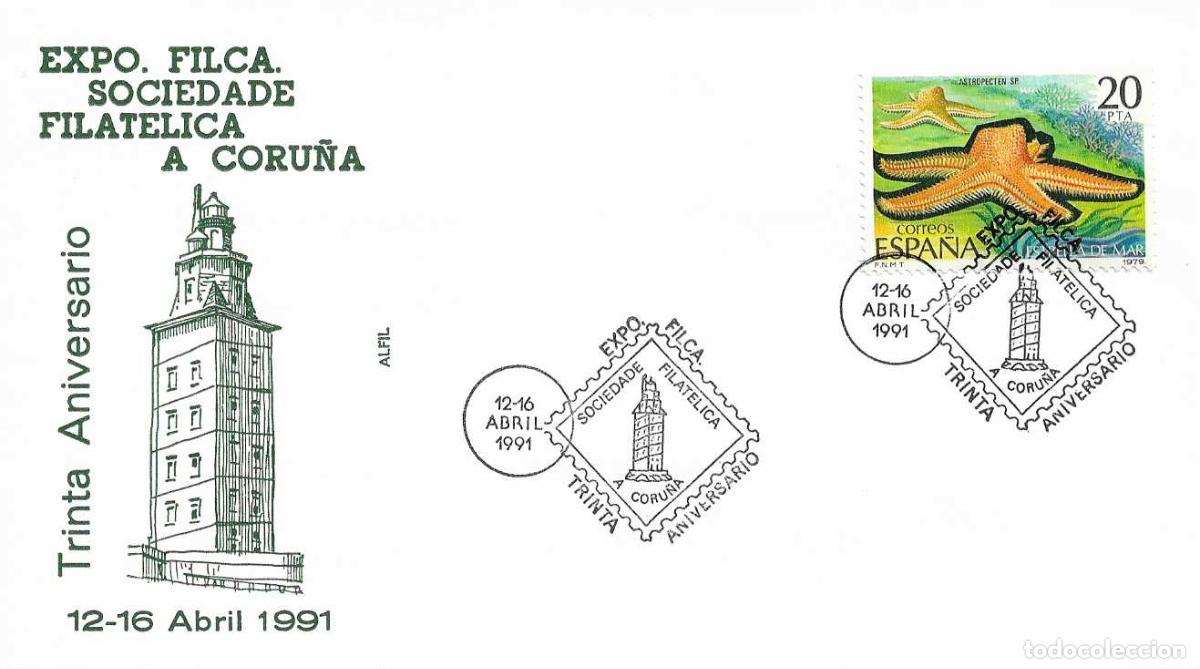 Sellos: FAROS SOCIEDADE FILATELICA TRINTA ANIVERSARIO A CORU&Ntilde;A 1991 MATASELLOS TORRE DE HERCULES SOBRE ALFIL
