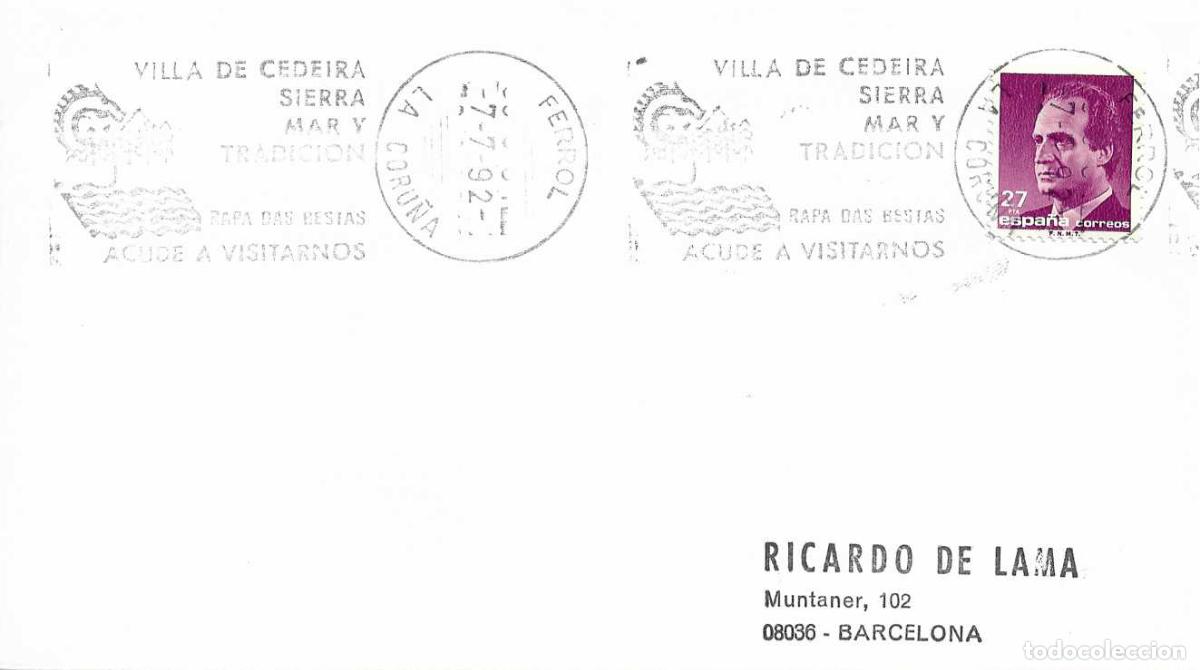 Sellos: RAPA DAS BESTAS VILLA DE CEDEIRA ACUDE A VISITARNOS, FERROL (CORU&Ntilde;A) 1992 RARO MATASELLOS RODILLO EN