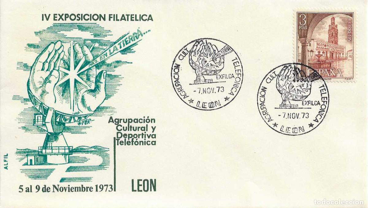 Sellos: AGRUPACION CULTURAL TELEFONICA EXPOSICION FIL, LEON 7 NOVIEMBRE 1973. RARO MATASELLOS EN SOBRE ALFIL