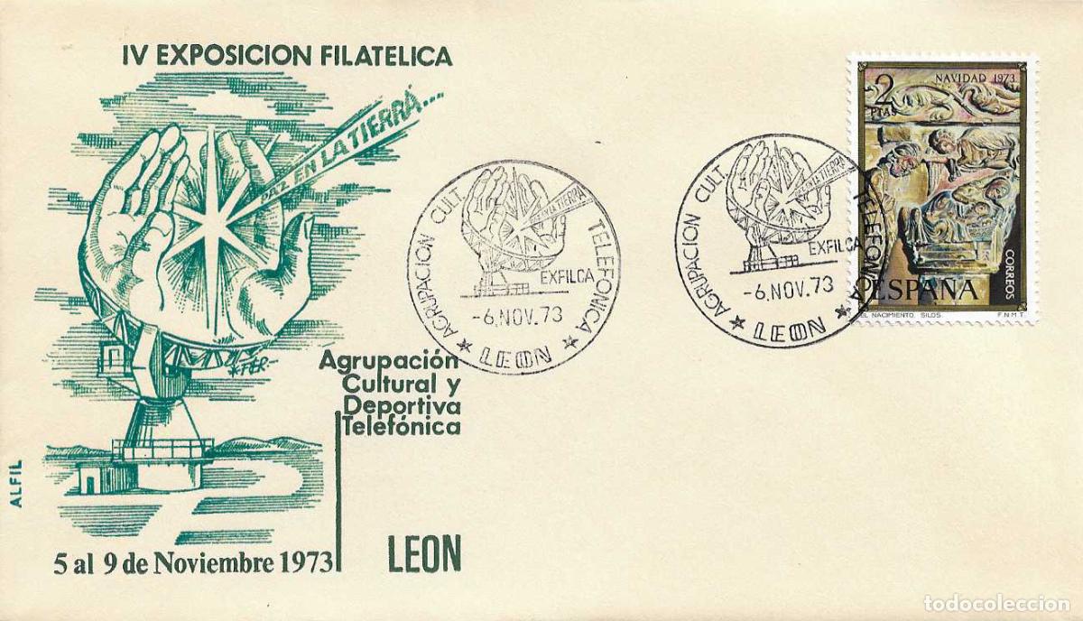 Sellos: AGRUPACION CULTURAL TELEFONICA EXPOSICION FIL, LEON 6 NOVIEMBRE 1973. RARO MATASELLOS EN SOBRE ALFIL