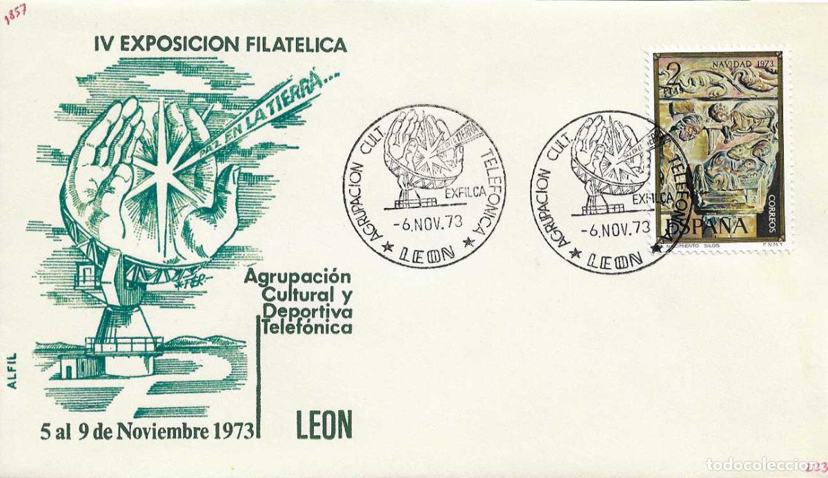 Sellos: AGRUPACION CULTURAL TELEFONICA EXPOSICION, LEON 6 NOVIEMBRE 1973. RARO MATASELLOS EN SOBRE ALFIL RWR