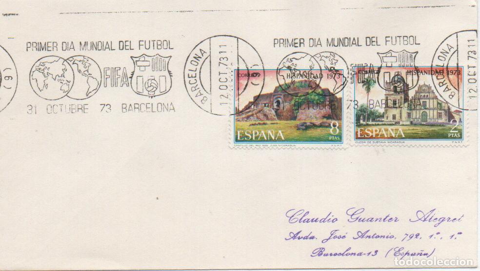 Sellos: A&Ntilde;O 1973, BARCELONA, PRIMER DIA DEL MUNDIAL DE FUTBOL FIFA, escudo del Barsa, RODILLO