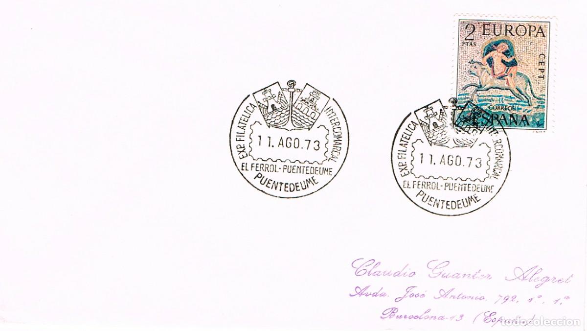 Sellos: A&Ntilde;O 1973, PUENTEDEUME Y EL FERROL (LA CORU&Ntilde;A), EXPOSICION FILATELICA INTERCOMARCAL, ESCUDOS