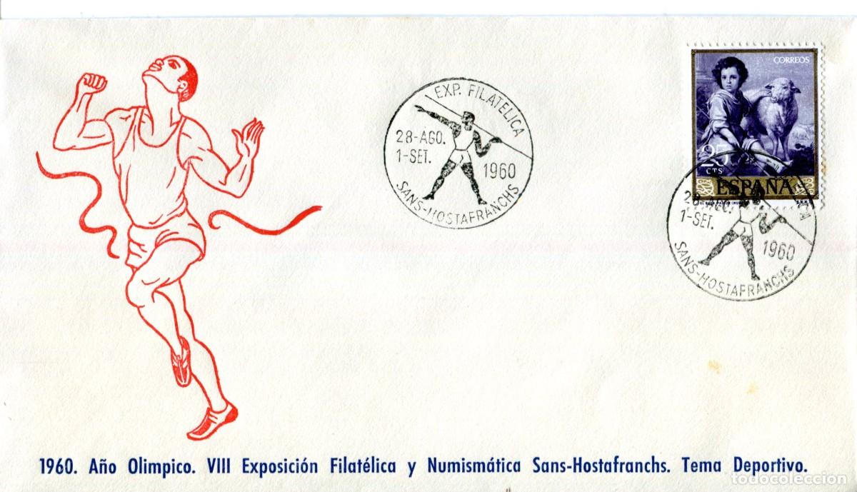 Sellos: Sobre Sans Hostafranchs 1960 A&ntilde;o Ol&iacute;mpico - VIII Exposici&oacute;n Filat&eacute;lica y Numism&aacute;tica Tema deportivo