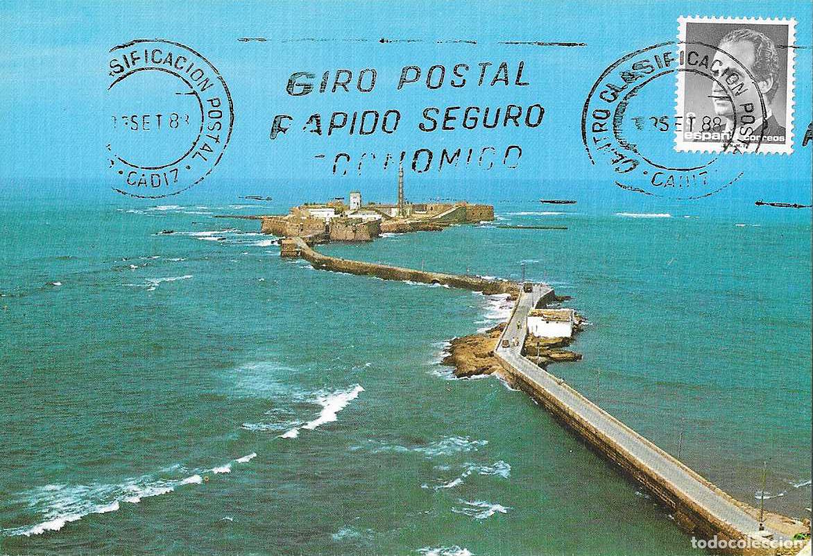 Sellos: RARO MATASELLO RODILLO GIRO POSTAL CENTRO CLASIFICACION CADIZ 1988 TARJETA FUERTE SAN SEBASTIAN FARO