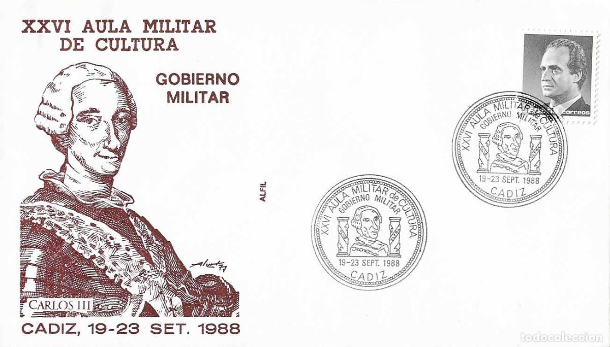 Sellos: REY CARLOS III HOMENAJE AULA MILITAR DE CULTURA, CADIZ 1988. RARO MATASELLOS EN SOBRE DE ALFIL