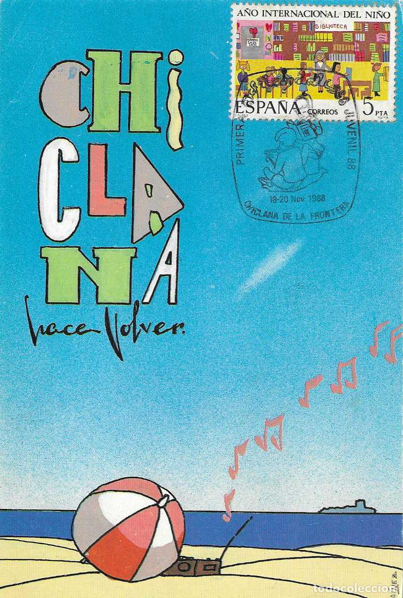 Sellos: PRIMERA EXFILANDALUS JUVENIL, CHICLANA DE LA FRONTERA (CADIZ) 1988 MATASELLOS EN TARJETA VER REVERSO
