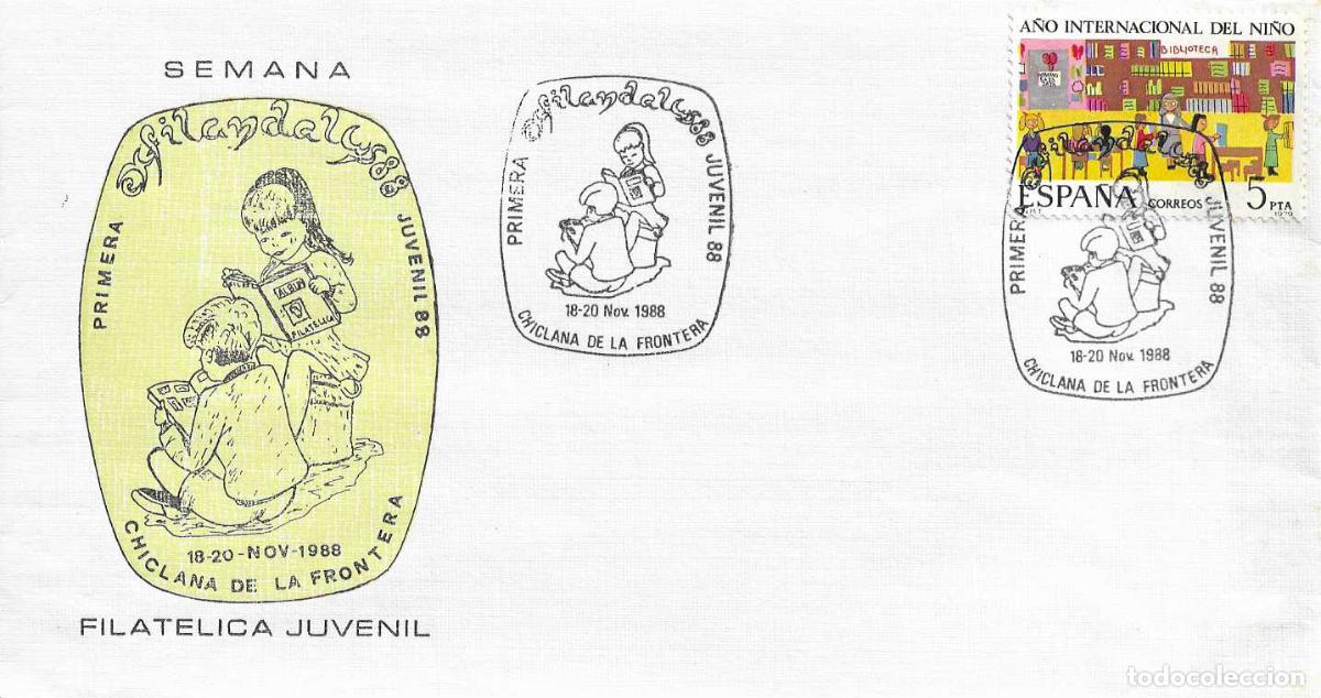 Sellos: PRIMERA EXFILANDALUS JUVENIL, CHICLANA DE LA FRONTERA (CADIZ) 1988 MATASELLOS EN RARO SOBRE AMARILLO