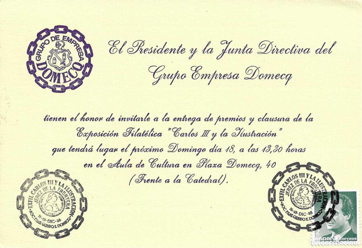 Sellos: CARLOS III Y LA ILUSTRACION EXPOSICION, JEREZ DE LA FRONTERA (CADIZ) 1988. MATASELLOS EN INVITACION