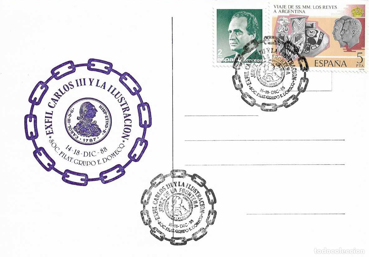 Sellos: CARLOS III Y LA ILUSTRACION EXPOSICION, JEREZ DE LA FRONTERA (CADIZ) 1988 MATASELLOS EN TARJETA RARO