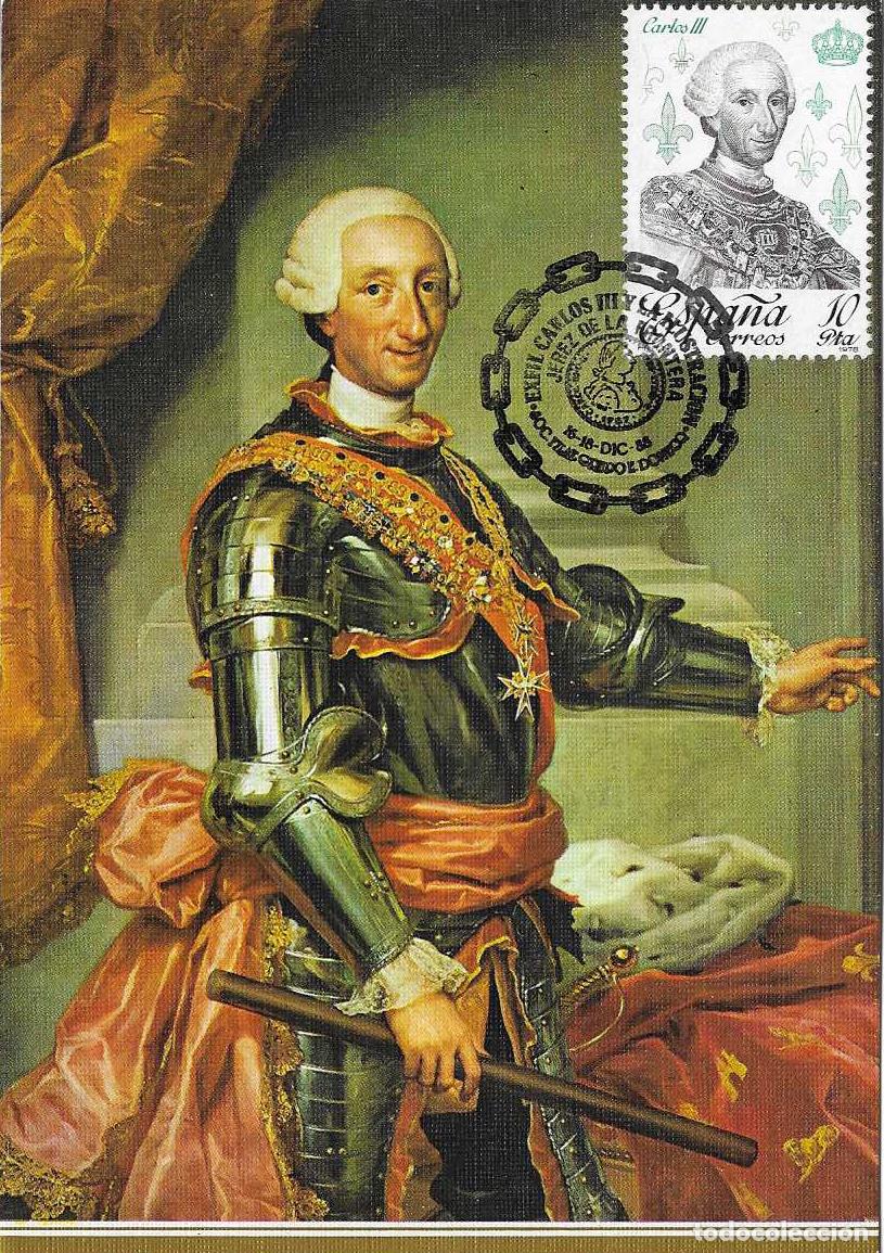 Sellos: CARLOS III Y LA ILUSTRACION EXPOSICION, JEREZ DE LA FRONTERA (CADIZ) 1988 MATASELLOS EN TARJETA VER