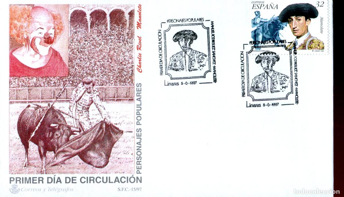 Sellos: 1997 LINARES - PERSONAJES POPULARES CHARLIE RIVEL - MANOLETE TORERO TOROS