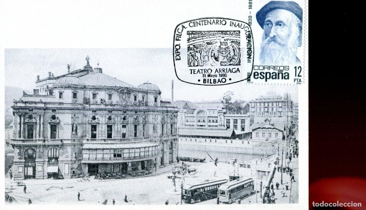 Sellos: TARJETA POSTAL CON MATASELLO ESPECIAL. BILBAO. 1990. CENTENARIO INAGURACION TEATRO ARRIAGA.