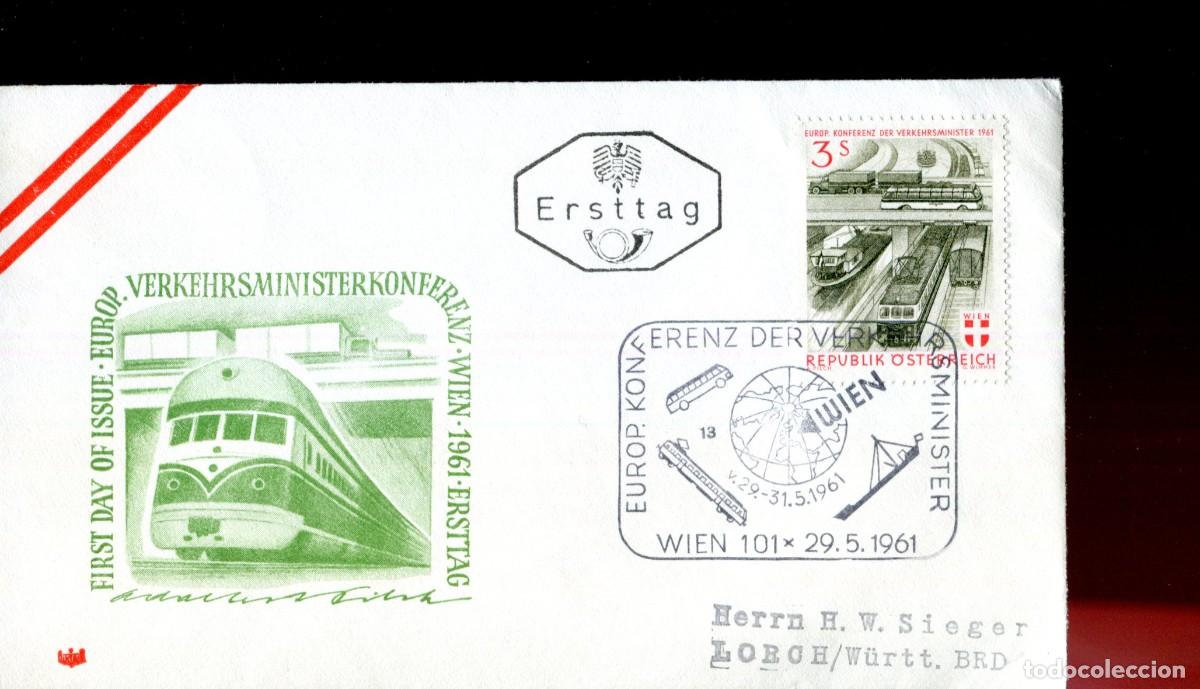 Sellos: AUSTRIA IVERT N&ordm; 926, CONFERENCIA DE MINISTROS DE TRANSPORTES, PRIMER DIA DE 29-5-1961 TRENES