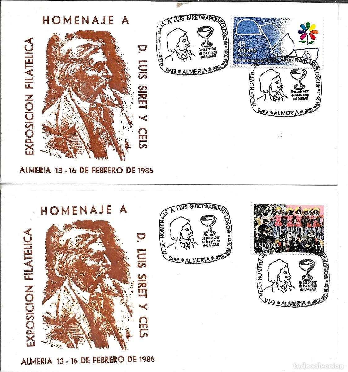Sellos: SOBRES PRIMER D&Iacute;A EXPOSICI&Oacute;N FILATELICA HOMENAJE A D. LUIS SIRET Y CELS - ALMER&Iacute;A 1986