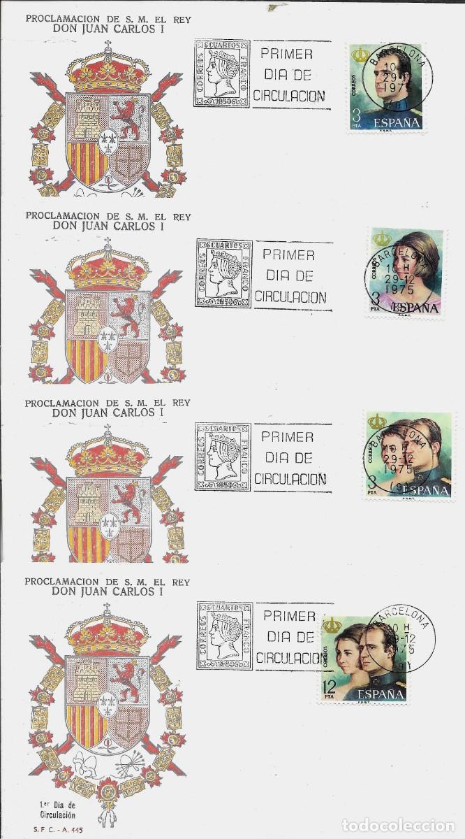 Sellos: 4 SOBRES PRIMER DIA PROCLAMACION REY JUAN CARLOS I 1975