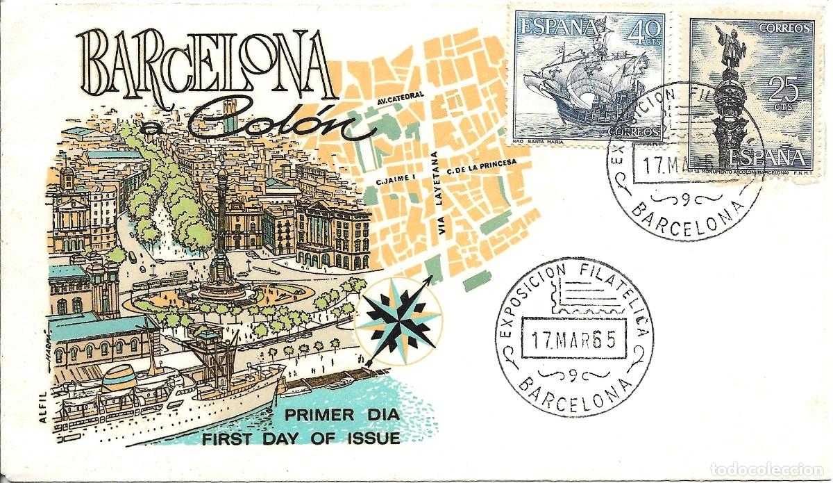 Sellos: SOBRE PRIMER DIA EXPOSICI&Oacute;N FILAT&Eacute;LICA BARCELONA A COL&Oacute;N 1965